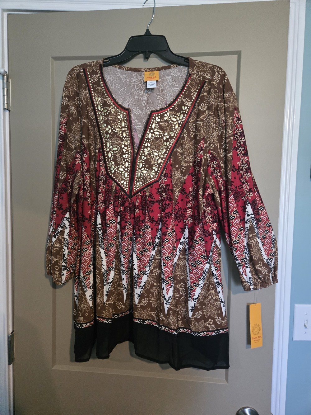Ruby Rd. Brown & Red Embellished V-Neck Tunic